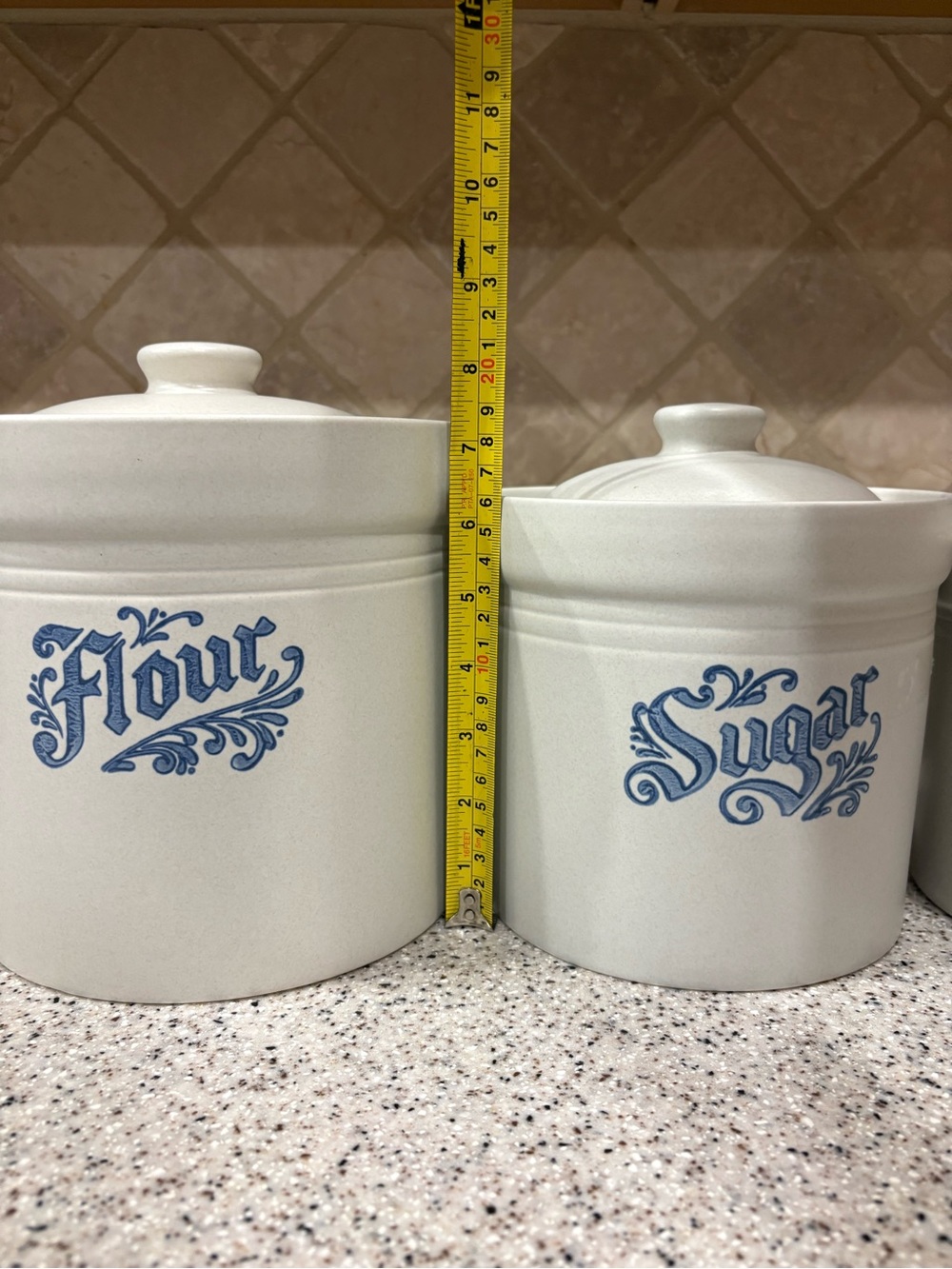 Pfaltzgraff White Ceramic Flour Sugar Coffee Canister Set with Blue Script - Picture 4 of 12